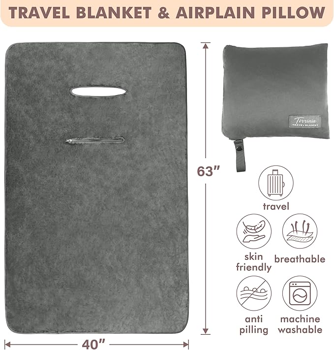 Tirrinia Travel Blanket Airplane Office Poncho 4 in 1 Premium Cozy Fleece Portable Poncho Blankets with Built-in Bag, Pocket