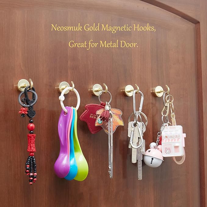 Neosmuk Magnetic Hooks,Heavy Duty Earth Magnets with Hook for Refrigerator, Extra Strong Cruise Hook for Hanging, Magnetic Hanger for Cabins, Grill (Gold, 6 Pack)