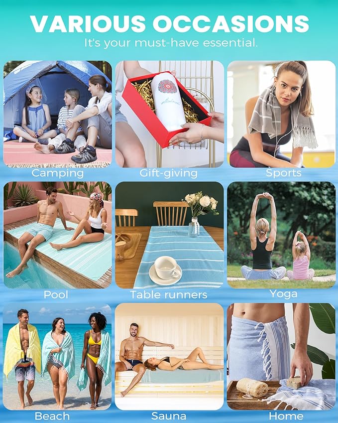 24 Pack Turkish Beach Towels Quick Dry Sand Free Soft Absorbent Extra Large Big Blanket Adult Oversized Bath Pool Swim Towel Lightweight Thin Fast Drying Compact No Sand Packable Vacation Essentials