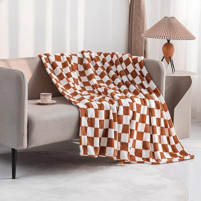 LOMAO Throw Blankets Flannel Blanket with Checkerboard Grid Pattern Soft Throw Blanket for Couch, Bed, Sofa Luxurious Warm and Cozy for All Seasons (Caramel, 90"x110")