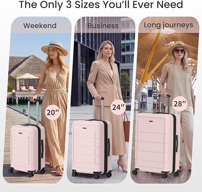 SHOWKOO Luggage Sets 3 Piece Expandable 100% PC Durable Hardshell Suitcase with Wheels TSA Lock Lightweight Luggage Pink