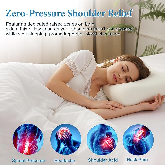 Cervical Neck Pillow for Pain Relief, Odorless Memory Foam Pillow with Cooling Cover & Dual Height, Ergonomic Contour for Neck & Shoulder Support, for Side, Back & Stomach Sleepers