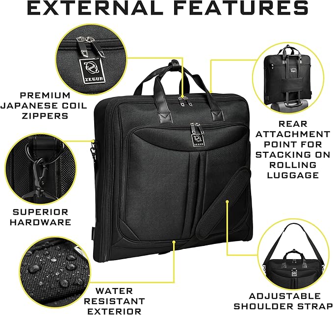 ZEGUR Premium Suit Garment Bag Carry On - Hangs 4 Suits - Travel & Business with Shoulder Strap and Laptop Compartment