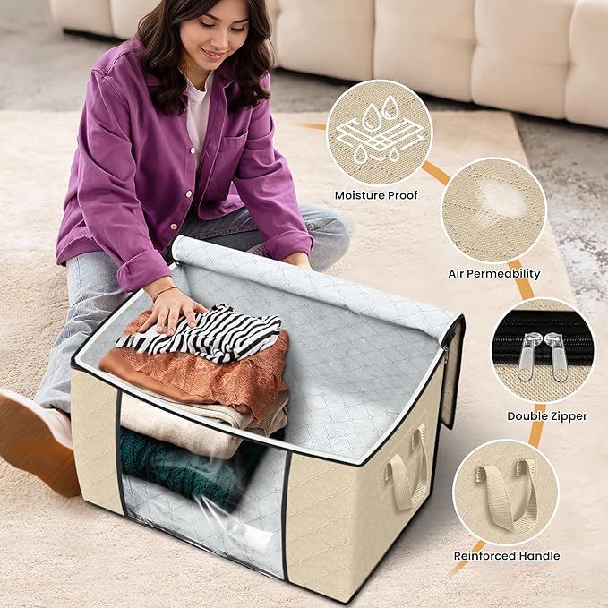 Fab totes 24 Gallons Clothes Storage, Foldable Thick Fabric Blanket Storage Bags, Containers for Organizing Bedroom, Closet, Clothing, Comforter, Organization with Handle (6 Pack,Beige)