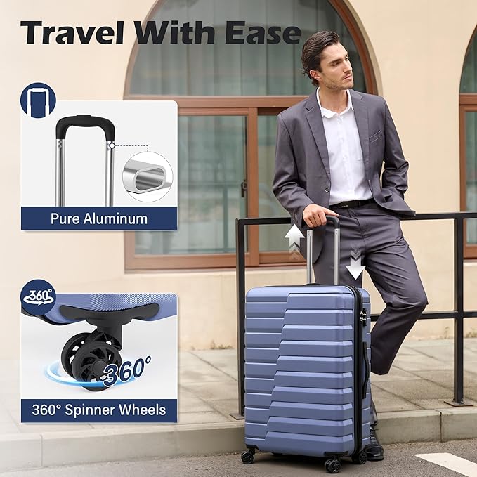 Coolife Expandable Large Checked Luggage with Spinner Wheels, Hard Shell Suitcase TSA Lock Rolling Travel Luggage 28-inch,Blue