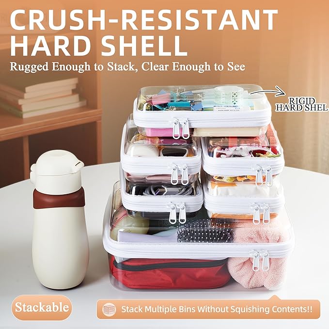 6 pcs Zipper Pouches, Hard Shell Toiletry Bag, Stackable Travel Organizer, Cosmetic Bags, Transparent Diaper Bag, Storage Cases (Tall M + 5S)