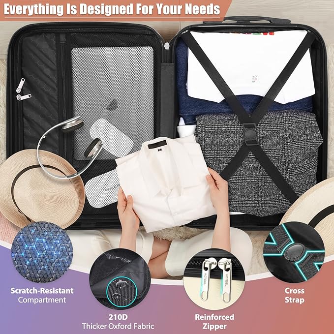 Hoteel Luggage Sets 5 Piece ABS+PC Hardside, 4-Year Warranty, Luggage Set with Dual-Spinner Wheels, TSA Lock, Lightweight Carry on Luggage, 20"/24"/28" Suitcase with Duffel & Organizer, Beige