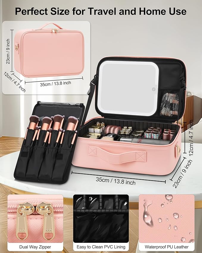 Relavel Travel Makeup Bag With LED Mirror, Portable Cosmetic Bag Organizer with Adjustable Brightness in 3 Color Scenarios, Professional Large Cosmetic Train Case with Shoulder Strap - Pink