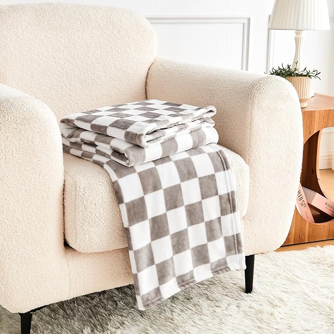 Light Grey Checkered Blanket, Ultra Soft Fluffy Fleece - Checkered Grid Print Throws for Couch Sofa Bed, Cozy Luxury Throw Blanket for All Seasons, 60x80 Inch, Cashmere Smoke