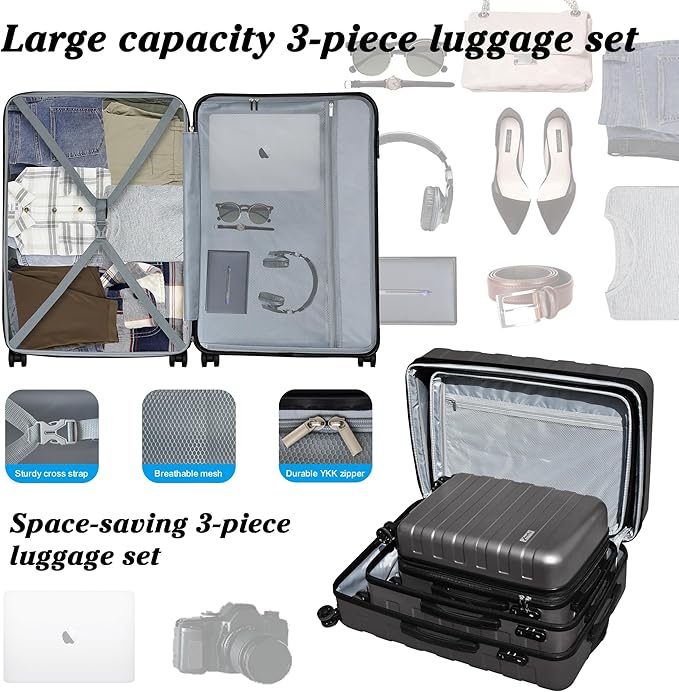 Zebra Luggage Sets 3 Piece, 20" Carry On Luggage with Spinner Wheels, Hardside Business Travel Suitcase Set with TSA Lock, Lightweight Suitcase,20/24/28 inch,Grey