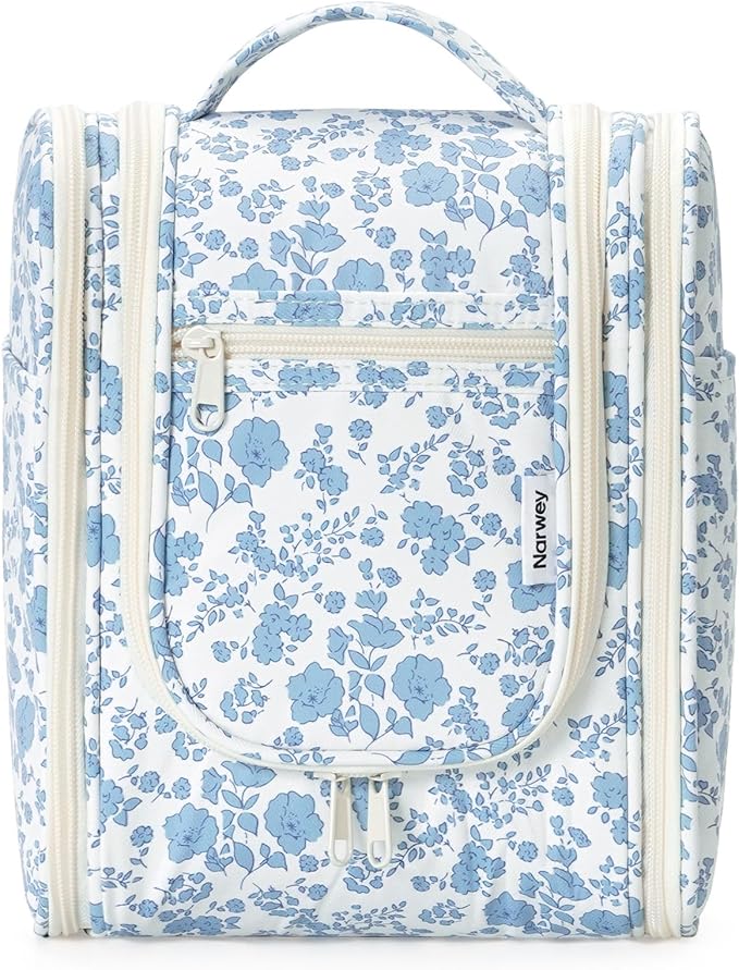 Narwey Hanging Toiletry Bag Women Travel Makeup Bag Organizer Toiletries Bag for Travel Size Essentials Accessories Cosmetics (Medium,Blue Flower)