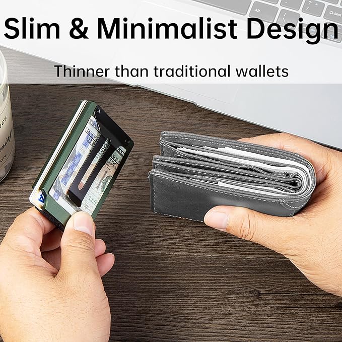 Minimalist Carbon Fiber Wallet for Men, Money Clip Cash Strap Wallet, RFID Blocking Metal Wallet Aluminum Card Holder,Front Pocket Wallet(Matte Green)