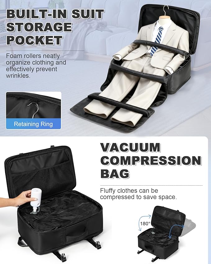 VGCUB Vacuum Backpack Travel with Suit Bag and Air Pump Compression Vacpack Carry on Flight Approved Daypack Laptop Space Saver Garment Bags for Travel Storage with Vacuum System Women Men Black