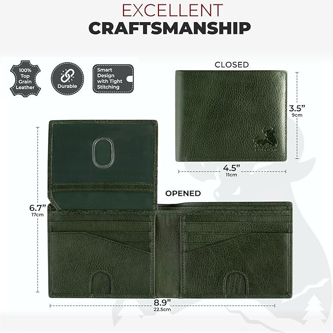 RFID Bifold Leather Wallet For Men with Flip Up ID Secure and Durable Extra Capacity Billfold with 11 Credit Cards in Vintage Buffalo Green, Tight Stitching & Quick Thumb Push Access, Gift Boxed