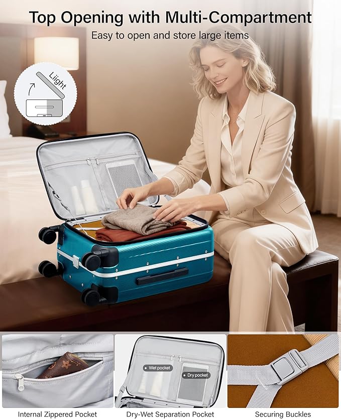 Hanke 20 Inch Carry On Luggage Hard Shell Top Opening Aluminum Frame Hardside Suitcase with Spinner Wheels, Durable Rolling Luggage for Men & Women Travel, Christmas & Birthday Gifts, Caribbean Blue