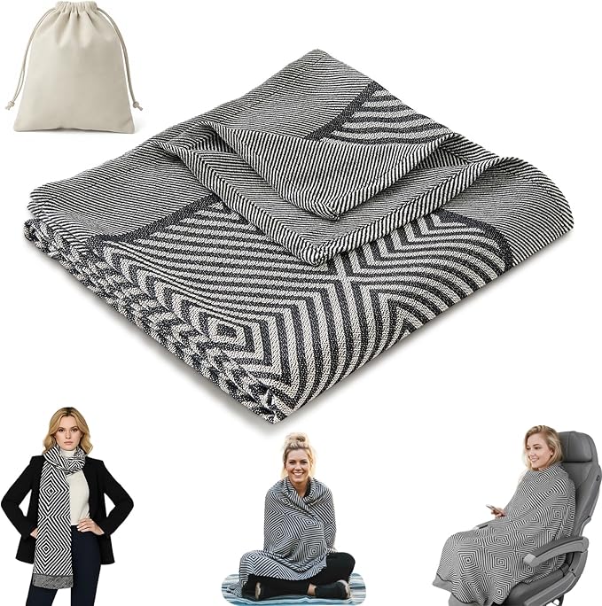 Travel Blanket Airplane - Ultra Soft & Lightweight Knit Design Compact Airplane Blanket,53x72 Inch,Stylish Travel Shawl Wraps for Flights,Office,Home Use,Travel Essentials & Gifts