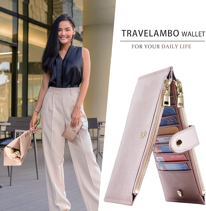 Travelambo RFID Wallet Women Large Size Bifold Multi Card Wallet Case with Zipper Pocke Credit Card Holder for Women