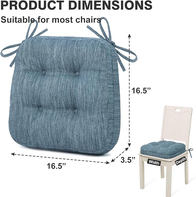 Shinnwa Dining Chair Cushions Set of 2, Dual-Layer Memory Foam Kitchen Chair Cushions, Patented Design Seat Pads with Ties, 16.5 x 16.5 x 3.5in, 2 Pack, Denim Blue
