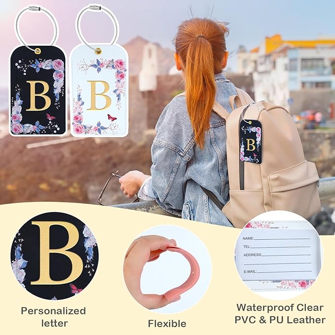 3 Pack Luxury Floral Luggage Tags, Durable PU Leather Suitcase Tags with Stainless Steel Cable Strap, Hidden ID Slot for Privacy Protection, Easy to Identify Waterproof Travel Accessories Gift (B)