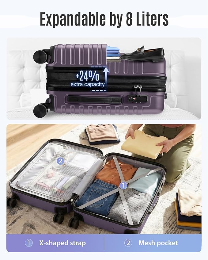LIGHT FLIGHT Expandable Carry On Luggage 22x14x9 Airline Approved with Double Spinner Wheels, 20 Inch Lightweight Hard Shell Rolling Suitcases with TSA Lock, Purple