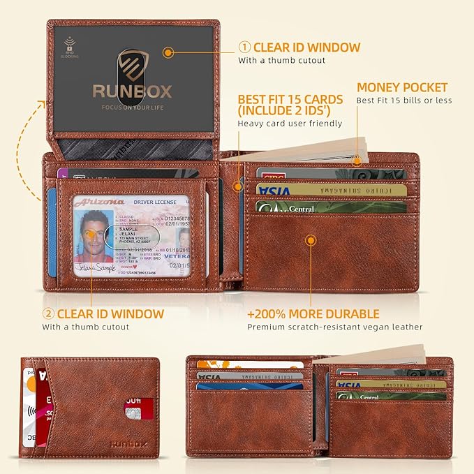 RUNBOX Wallet for Men Slim Rfid Leather 2 ID Window With Gift Box | Slim, Rfid, 2 ID Window, With Gift Box, Slim, Rfid