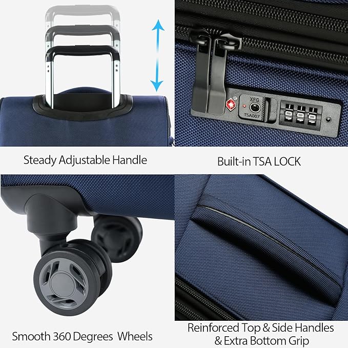 KROSER Softside Expandable Carry On Luggage with Front Business Pockets，20 Inch Suitcases with Spinner Wheels & Built-in TSA Lock, Durable Suitcase Rolling Luggage with USB Port, Navy