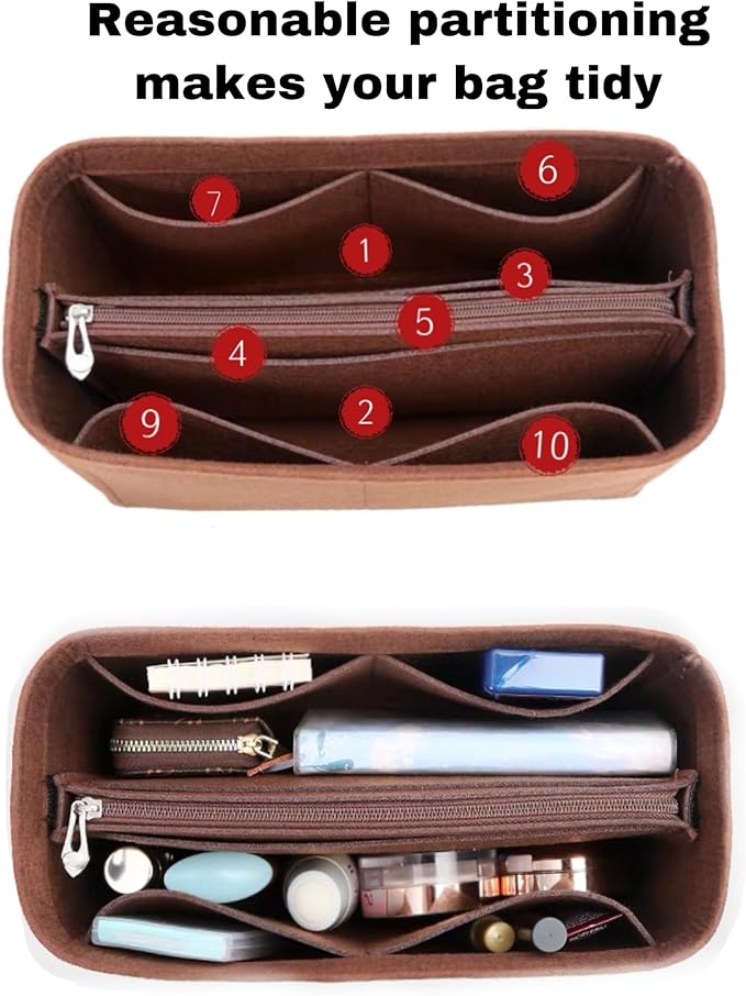 Felt Purse Organizer with Zipped, Bag Organiser Insert for Women,Perfect for carrycall Neverfull Tote (Coffee, large)