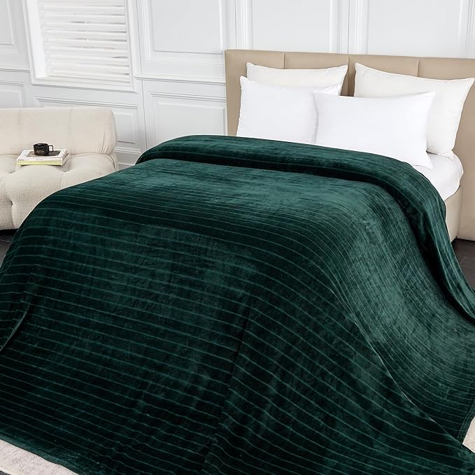 Extra Large 120x120 Inch Giant Soft Cozy Fleece Blanket, Huge Oversized Seamless King 3D Jacquard Decorative California King Blanket for Bed, Couch, Travel - Striped Forest Green