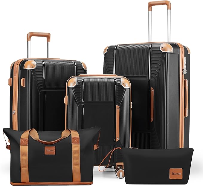 5 Piece Luggage Sets PP Hardshell with Duffel & Toiletry Bag, Carry-on Suitcase Set (20/24/28) with Detachable Spinner Wheels, YKK Zippers & Corner Guards, Lightweight TSA Lock (Black)