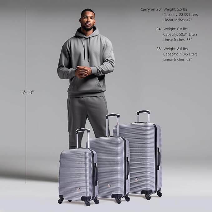 InUSA ROYAL Hardside Luggage Set with Spinner Wheel | Spacious Travel Suitcases with Ergonomic GEL Handle and Studs | (20/24/28) 3 Piece Luggage Set | Silver