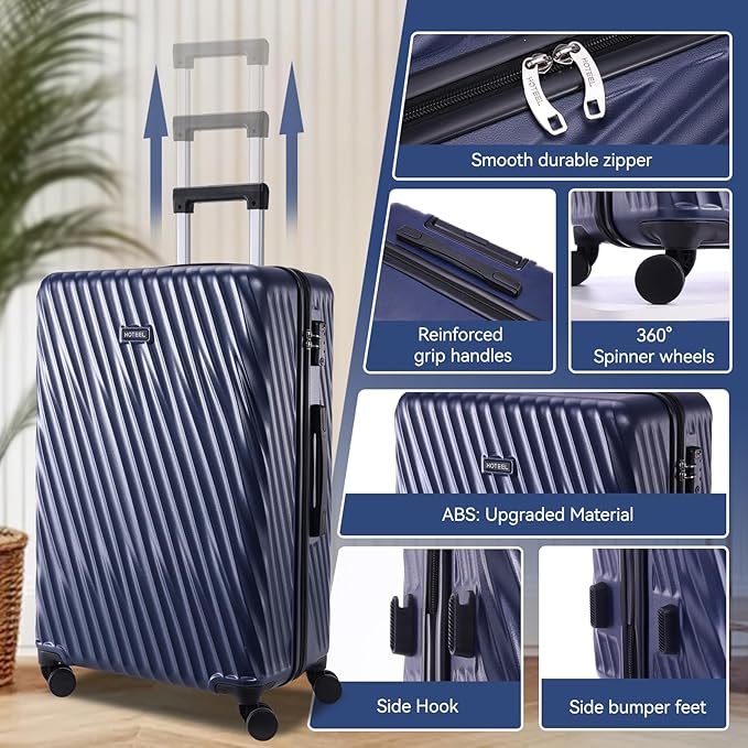 Hoteel Luggage Sets 3 Piece Hardside, 4-Year Warranty, Luggage Set with Spinner Wheels, TSA Lock, Wet/Dry Separation Compartment, Lightweight Carry on Luggage, 20"/24"/28" Suitcase, Dark Blue