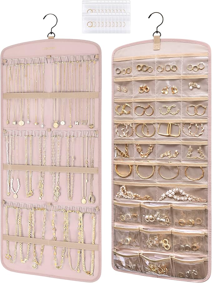 BAGSMART Hanging Jewelry Organizer, Necklace Holder Anti-tangle Earrings Rings Hanger with 20 Jewelry Bags Travel Storage Roll with Pockets Hang on Closet, Wall, Door,1 Piece, Large Pink
