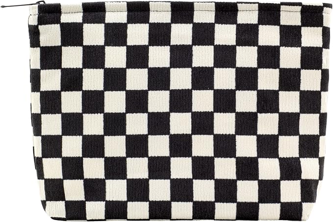 PAZIMIIK Makeup Bag Large Zipper Corduroy Make Up Pouch for Purse Travel Canvas Cosmetic Organizer for Women Brush Storage,Checkered Black