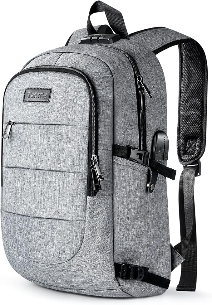Tzowla Travel Laptop Backpack Water Resistant Anti-Theft Bag with Giant Tumbler Holder Pocket and Lock 17.3 Inch Computer Business Backpacks for Women Men Work College Gift,Casual Daypack(Grey)