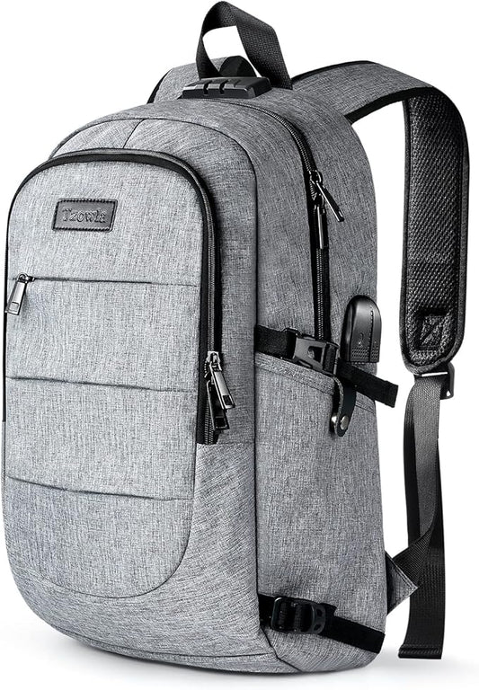 Tzowla Travel Laptop Backpack Water Resistant Anti-Theft Bag with Giant Tumbler Holder Pocket and Lock 17.3 Inch Computer Business Backpacks for Women Men Work College Gift,Casual Daypack(Grey)