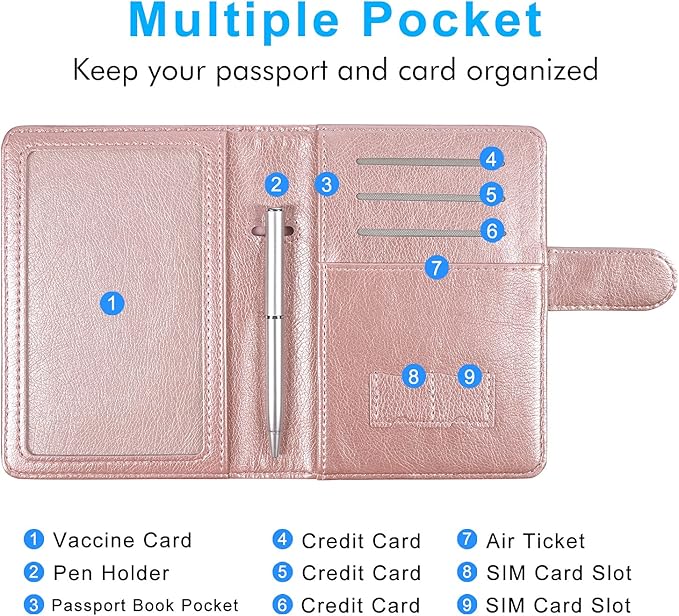 ACdream Passport and Vaccine Card Holder Combo, Cover Case with CDC Vaccination Card Slot, Leather Travel Documents Organizer Protector, with RFID Blocking, for Women and Men, Rose Gold