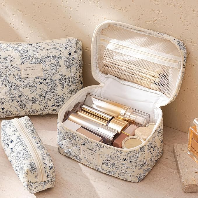HBselect Quilted Makeup Bag, 3PCS Cotton Large Travel Makeup Bag, Cute Floral Coquette Make up Bag Cosmetic Bag Toiletry Bag for Women Girls