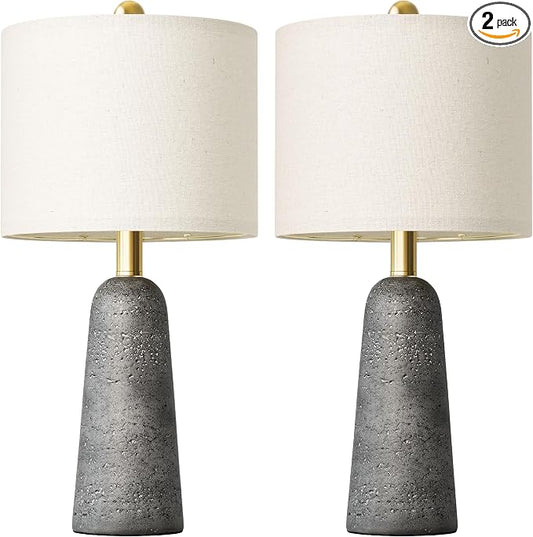 BOBOMOMO 21" Modern Table Lamps Set of 2, Gray Resin Lamp with Stone Look, Small Bedside Lamps for Bedroom, Contemporary Nightstand Lamps with Linen Shades, Small Lamp for Nursery, Entryway