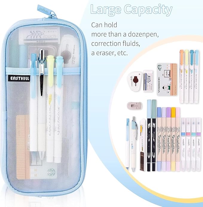 EASTHILL Grid Mesh Pen Pencil Case with Zipper Clear Makeup Color Pouch Cosmetics Bag Multi-Purpose Travel School Teen Girls Transparent Stationary Bag Office Organizer Box for Adluts(Blue)