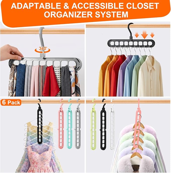 Closet Organizers and Storage,College Dorm Room Essentials,Pack of 6 Multifunctional Organizer Magic Space Saving Hangers with 9 Holes Storage Organization for Wardrobe Closet