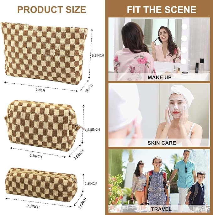 EIMMBD Makeup Bag 3 Pieces Large Capacity Checkered Cosmetic Bags Travel Toiletry Bag Organizer Cute Makeup Pouch Storage for Women(Brown)