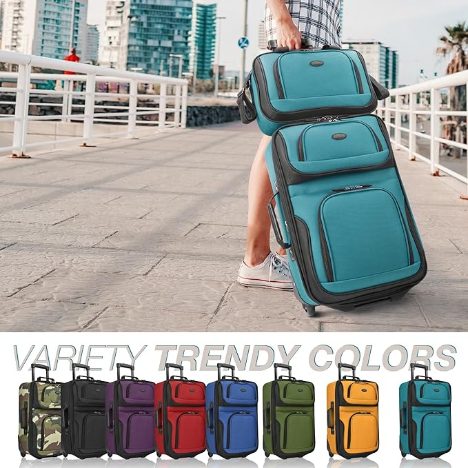 U.S. Traveler Rio Lightweight Softside Rolling Carry-on Suitcase, 2-Wheel Set, Teal