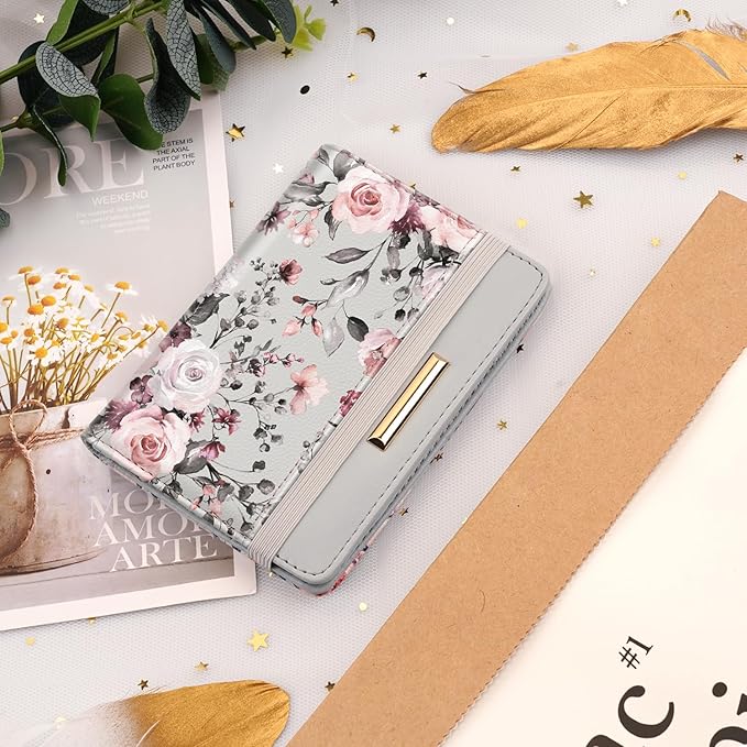Passport Holder,RFID Blocking Passport Cover Cute Floral Traveling Passport Wallet for Women Grey Flowers