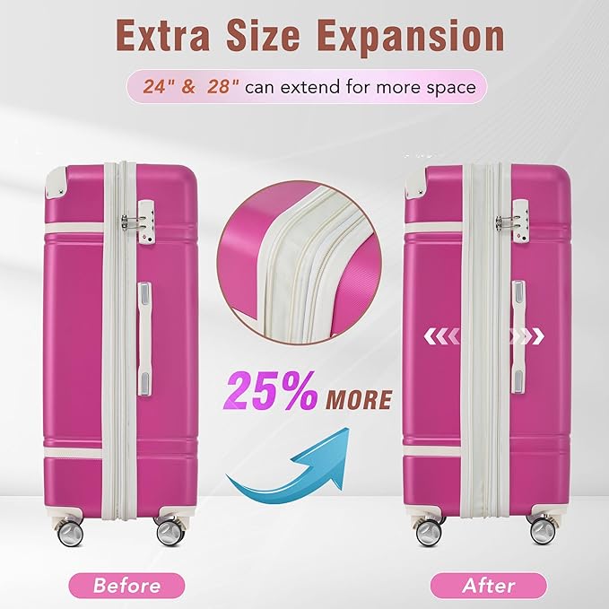 Merax 24 Inch Checked Luggage, Expandable Suitcase with Spinner Wheels, Hard Shell Vintage Luggage Set with TSA Lock(Pink)