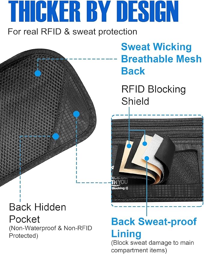 Hidden Money Belt for Travel, RFID Blocking, Sweat-Proof, Heavy-Duty Buckle, 3rd Gen Waist Wallet Anti Theft to Protect Cash, Credit Cards and Documents Under-Clothes for Men & Women, Black