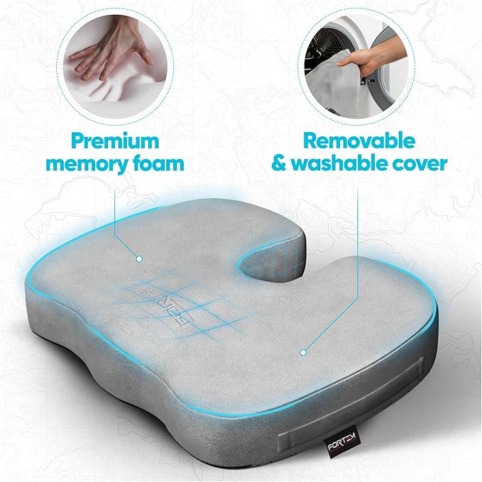 FORTEM Seat Cushion, Office Chair Cushion, Desk Chair Memory Foam, Sciatica Coccyx Tailbone Pain Relief, Pressure Relief, Sitting Pad, for Long Gaming & Sitting, Washable Cover, Non Slip