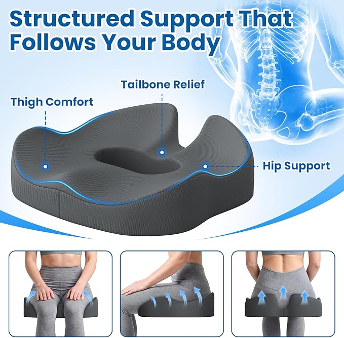 Large Donut Pillow Seat Cushion for Hemorrhoid Discomfort&Tailbone Pressure, Office Chair Cushion for Long Sitting, Ergonomic Coccyx Pillow for Postpartum Pregnancy, Lifting Cushions, Grey