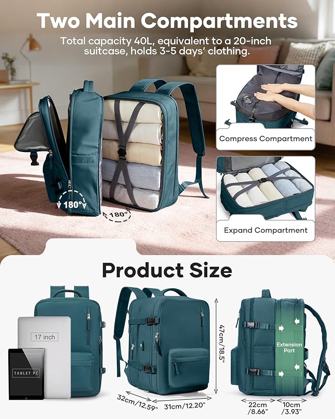 VECAVE Vacuum Backpack Travel with Pump, Expandable Personal Item Carry on Backpacks for Women Men, Laptop Waterproof Work Compression bags with USB Casual Daypack DarkBlue