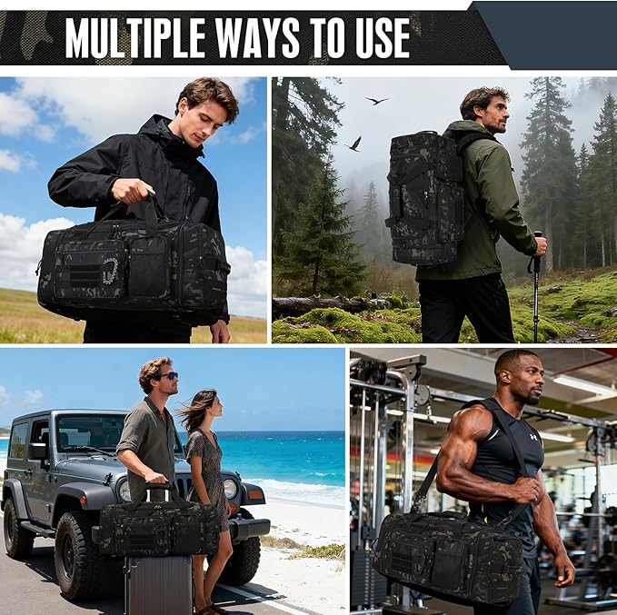 3 in 1 Tactical Gym Bag Backpack for Men 40-45L Expandable Travel Duffle Bag for Women Large Military Sport Duffel Bags Weekend Overnight with Shoe Compartment & Wet Pocket for Fitness, Camo