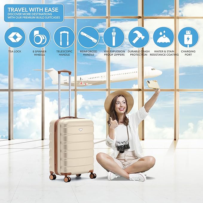 Flight Knight 24x16x10 Expandable Carry On Suitcase Hardside TSA Lock USB C Lightweight Luggage Silent Double Spinner Wheels Maximum Overhead Carry-On Bag For Virgin South West Approved Cream/Tan